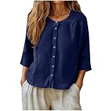 SMIDOW Summer Tshirt Shirts For Women - 3/4 Sleeve Cotton Linen Button Down Tunic Tops Casual Loose Round Neck Blouses Army Green Summer Tops For Women 2026 M