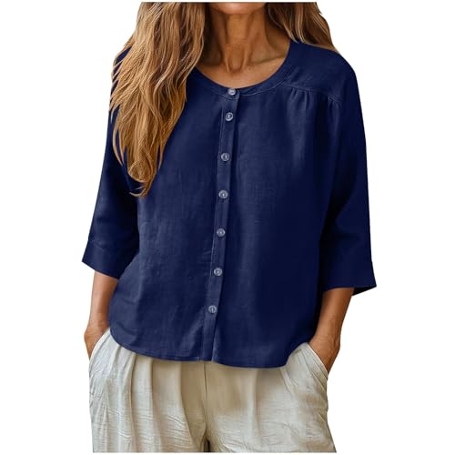 SMIDOW Summer Tshirt Shirts For Women - 3/4 Sleeve Cotton Linen Button Down Tunic Tops Casual Loose Round Neck Blouses Army Green Summer Tops For Women 2026 M