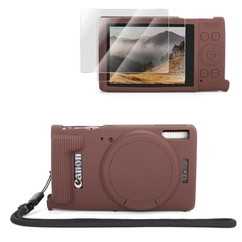 VOVMOEYA Camera Case for Canon PowerShot ELPH 360 HS/IXY 650/IXUS 285 HS Slim Soft Anti-Scratch Silicone Case with 2 Pack LCD Tempered Films & Wrist Strap-Brown