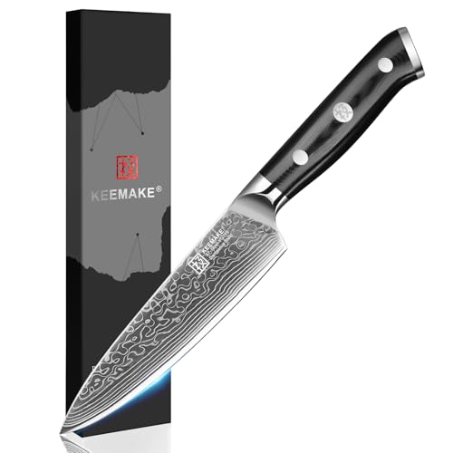 KEEMAKE Couteau Cuisine Professionnel Multifonctionnel 13cm, Petit Couteau de Cuisine en Acier Damas Japonais 67 Couches à Fruits Légumes, Cadeau pour Maman Papa