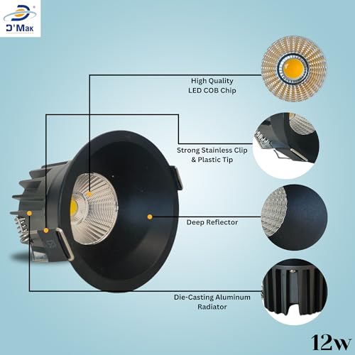 Image of D'Mak 12W Black Body LED Deep COB Light | Recessed LED Ceiling Light for Indoor Lighting (3in1, Pack of 4)