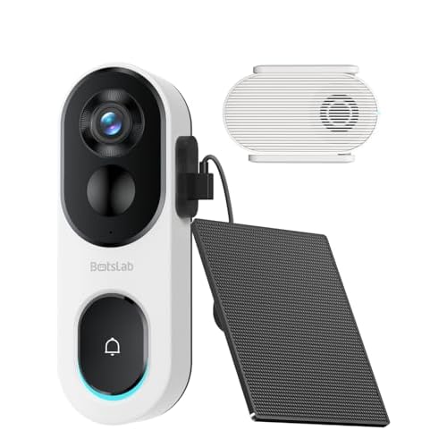 BOTSLAB Sonnette sans Fil Exterieur Etanche 2K avec Panneau Solaire, Sonnette Vidéo à Alimentation Continue avec Vue Tête-Pieds 1:1, Audio Bidirect