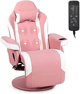 COSTWAY Massage Gaming Chair, Ergonomic High Back Swivel Racing Chair with Footrest, Headrest and Cup Holder, PU Leather Adjustable Recliner Computer Desk Chairs (Pink)