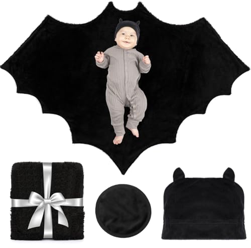 Image of Bumba Kids Multi-Use Bat Blanket has a Monthly Baby Milestone Blanket Option and Plush Black Baby Hat with Ears, Baby Bat Swaddle Blanket, Black Baby Blanket, Black Swaddle Blanket, Goth Baby Stuff