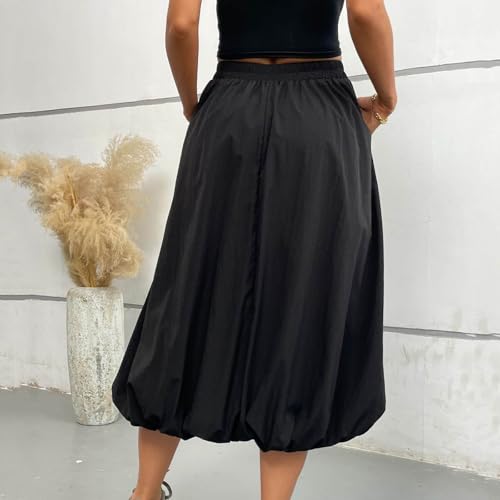 Lmdudan 2025 Summer Women Casual Midi Skirts Trendy Solid Color Elastic Waist Flowy A-Line Versatile Skirt with Pockets3