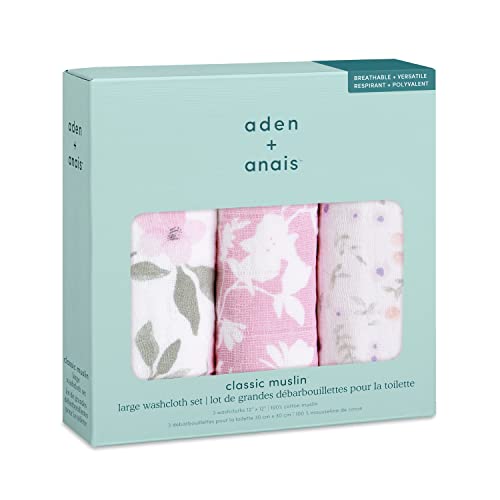 Image of aden + anais Boutique Oversized Washcloth 3-Pack, Super Soft 100% Cotton Muslin, Gentle on Skin, 3 Absorbent 12x12 Layers, Softer with Every Use, Perfect for Babies, Infants, Toddlers, Ma Fleur