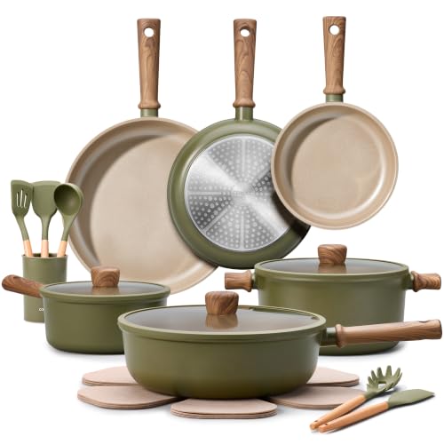 Image of CAROTE 21pcs Ceramic Cookware Set Nonstick Pots and Pans set, Induction Cookware Set Kitchen Cooking Sets, Pot and Pan Non Stick w /Frying pan (PFAS Free), Green