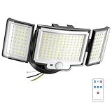 CLAONER LED Security Motion Sensor Outdoor Lights, 6500K Remote Control Floodlights, Dusk to Dawn 20W 3000LM Waterproof 3 Heads Hardwired Flood Light for Driveway, Garage, Porch (1 Pack)