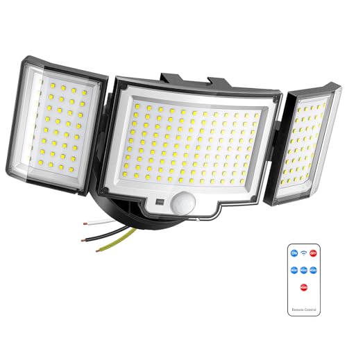 CLAONER LED Security Motion Sensor Outdoor Lights, 6500K Remote Control Floodlights, Dusk to Dawn 20W 3000LM Waterproof 3 Heads Hardwired Flood Light for Driveway, Garage, Porch (1 Pack)