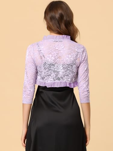 Image of Allegra K Women's Elegant Lace Cardigan Ruffle Collar Crop 3 /4 Sleeve Sheer Bolero Floral Lace Shrug Top