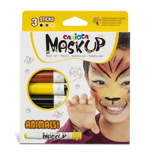 Carioca Mask Up Dieren, Gezichtsbeschilderingsset voor jongens en meisjes, make-uppennen, ideaal voor Kerstmis, Halloween, carnaval en feestjes, 3 kleuren en 2 tutorials, dermatologisch getest
