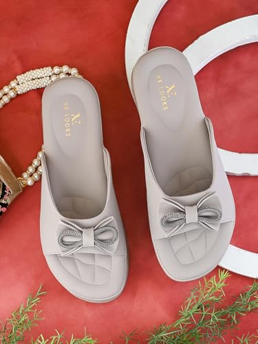 Image of XE Looks Bow Embellished Design | Quilted Cushioned Footbed | Stylish & Trendy Slip On Platform Slippers For Girl & Women