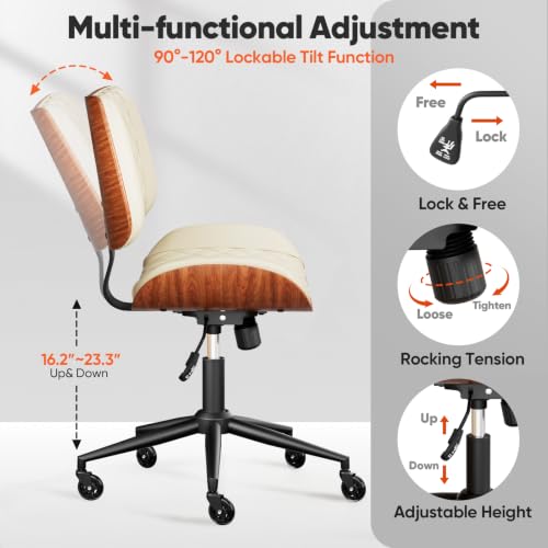 Image of Home Office Desk Chair with Swivel Wheels, Mid-Century Modern PU Leather Armless Office Chair, Small Mid Back Computer Chair for Home Office, Meeting Room