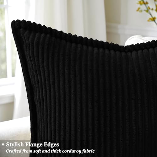 decorUhome Corduroy Black Throw Pillow Covers 16x16 Set of 2 Decorative Soft Boho Striped Neutral Euro Farmhouse Couch Pillow Cases with Broadside for Living Room Bed Sofa