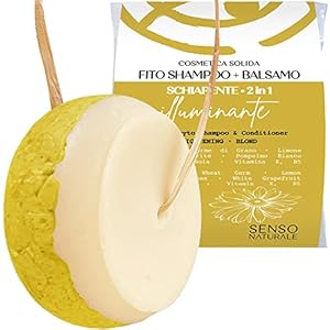 Senso Naturale Champu y Acondicionador Sólido Iluminador Aclarante Para Cabello Opaco, Aclara con Reflejos Dorados, Manzanilla, Cúrcuma y Limón, 100% Natural, Bio y Vegano pH 4.5-5.5 (2 en 1)