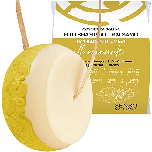 Senso Naturale Champu y Acondicionador Sólido Iluminador Aclarante Para Cabello Opaco, Aclara con Reflejos Dorados, Manzanilla, Cúrcuma y Limón, 100% Natural, Bio y Vegano pH 4.5-5.5 (2 en 1)