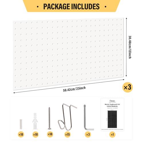 Image of DEWEL Wall Organizer Peg Board, 3Pcs Metal Pegboard Panels with Hooks, 23 inch x 12 inch Heavy Duty Pegboard Wall Organizer for Workbench, Workshop, Office, Craft Room (3pcs white)