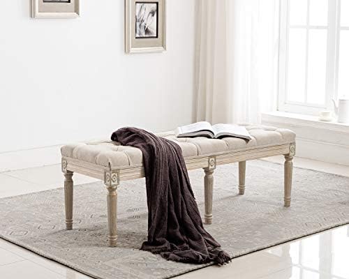 Kmax Upholstered Entryway Bench, Rustic Ottoman Bench with Carved Pattern & Rustic White Brushed Rubber Wood Legs, Beige