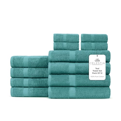 Image of Villa Celestia 12-Piece 100% Cotton Towel Set, 4 Bath Towels, 4 Hand Towels, 4 Wash Cloth, Quick-Dry, Teal