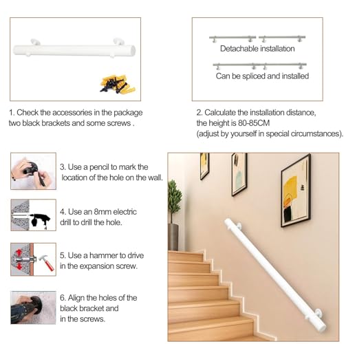 Rampe d'escalier en bois blanc de 140cm avec support mural robuste pour maison - 7