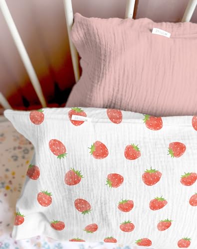 Image of Toddler Pillowcases for 13 inchx18 inch Pillow 2 Pack, Muslin Small Toddler Baby Kids Travel Pillow Covers for Boys Girls with Envelope Closure (Strawberry & Pale Pink, 13 x 18 Inch)