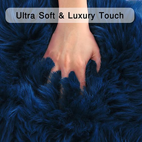 Duduta Navy Blue Sheepskin Throw Rug 2X3 Ft, Fluffy Shag Faux Fur Chair Seat Covers Washable #TOP3