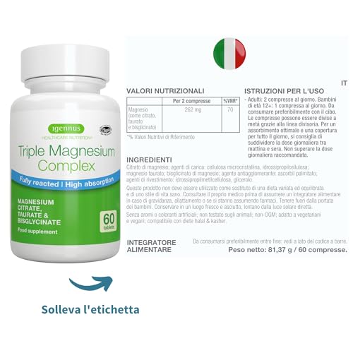 Complesso Di Magnesio Triplo, 2000 Mg Di Glicinato, Citrato E Taurato, Etichetta Pulita, Chelato, 262 Mg Di Magnesio Elementare, Vegano, 60 Compresse, 30 Porzioni, Igennus - 5