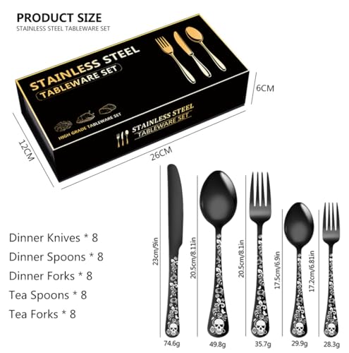 XIAOYU Halloween Skeleton Silverware Set 40 Piece Gothic Flatware Set for 8, Unique Vintage Skull Flower Pattern Design, Durable Cutlery Tableware for Home Kitchen, Silver - Image 2