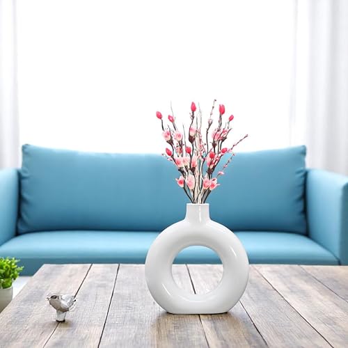 Image of Modern Ceramic Ring Vase with Pink Floral Stems, White, Decorative Flower Holder for Home (6 INCH)