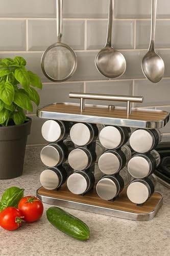 Porta-Temperos em Vidro e Inox, 12 Compartimentos de 90ml, Base e...