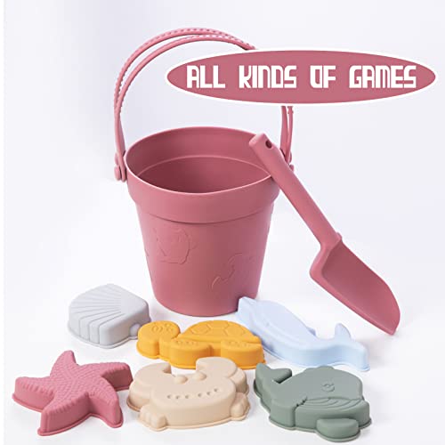Garnome 9Pcs Silicone Beach Toys, Beach Toys With Sand Bucket, Shovel, 6 3D Marine Theme Molds And Portable Mesh Beach Bag, Outdoor Sandbox Toys Set For Toddlers, Kids 3-8 (Purple Pink) #TOP7
