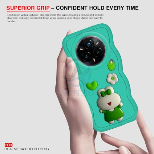 Image of AESTMO Back Case Cover for Realme 14 Pro Plus 5G | 3D Cute Fun Cartoon Characters | Anti Slip Grip Cute Wave Curly Frame Shape | Back Cover for Realme 14 Pro Plus 5G (Green)