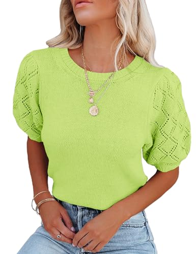 Image of Womens Short Sleeve Sweaters Crewneck Knit Pullover Tops 2025 Summer Casual Lightweight Crochet Blouse Shirt