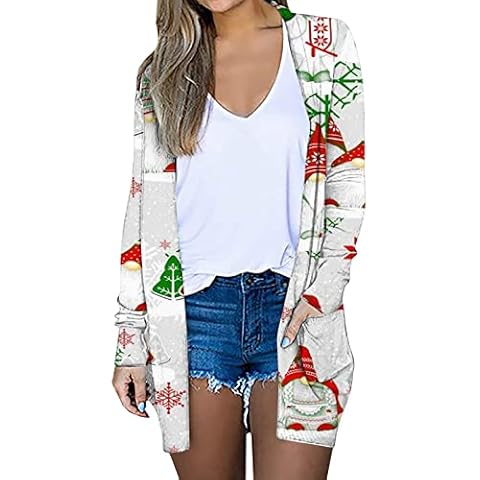 FULKAN Ugly Christmas Cardigan for Women 2022 Funny Cute Gnomes Printed Casual Long Sleeve Classic Open Front Blouse Fall Plus Size Lightweight Soft Comfy Oversized Cover Up Coat Pockets Cover