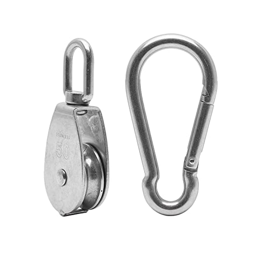 1x 304 Stainless Steel M50 Single Swivel Rope Pulley Blocks with Snap Hooks
