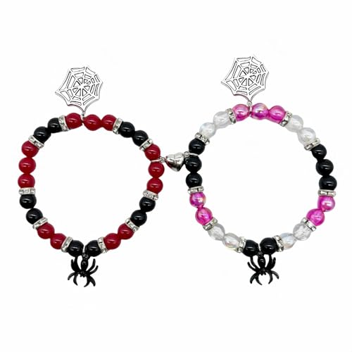FANBODTA Pacote com 2 pulseiras de amizade de aranha para casais, presente de joias de Halloween - Pulseira de contas de cristal ajustável extensível com pingente de coração, pulseira de promessa de