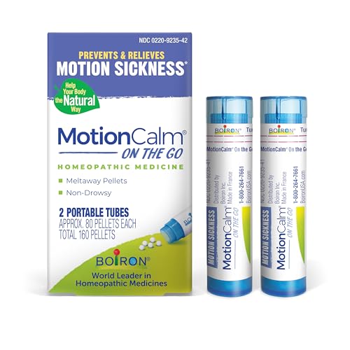 Boiron MotionCalm On The Go Relief for Nausea Vomiting or Dizziness associated with Motion Sickness Due to Travel Amusement Rides and Video Games or VR - Non-Drowsy - 2 Count (160 Pellets)