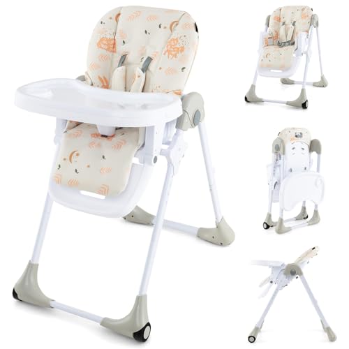 Image of HONEY JOY Baby High Chair, Foldable Highchair for Babies and Toddlers, Adjustable Heights, Recline Backrest & Footrest, Detachable Tray & PU Seat, Portable Highchairs with Wheels (Leaf Beige)