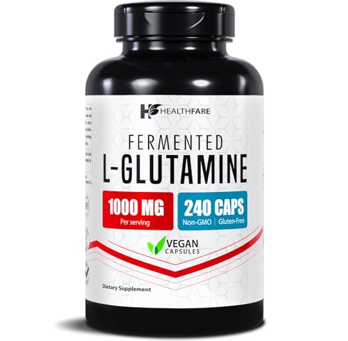 HealthFare L Glutamine 1000mg | 240 Vegan Capsules | Extra Strength Amino Acid Supplement | Supports Digestive Balance Nutrient Absorption & Muscle Recovery | Non-GMO Gluten-Free | Made in USA
