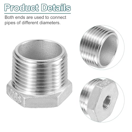 Image of uxcell 2Pcs 2 inch Male to 1-1 /4 inch Female NPT 304 Stainless Steel Reducer Hex Bushing