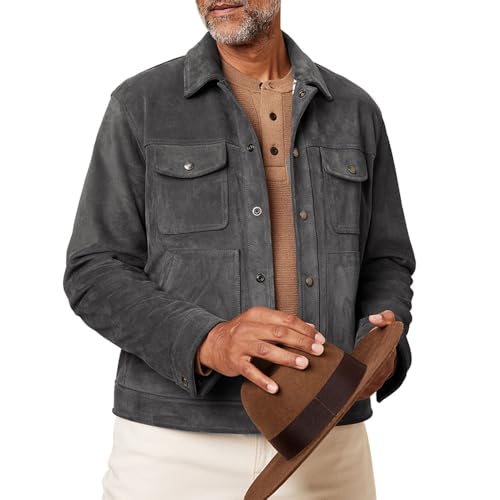 Men's Suede Leather Jacket - Western Style Cowboy Trucker Leather Jackets for Adult Outerwear