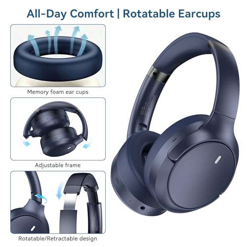 Image of Hybrid ANC Wireless Over-Ear Headphones, 100H Playtime, Hi-Res Audio, Bluetooth 6.0, Multi-Mode Noise Cancellation, Comfort Fit, iOS & Android Compatible, Foldable Design, Travel-Friendly (Blue)