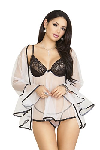 iCollection Women's Sheer Babydoll with Matching Robe, White/Black, Large