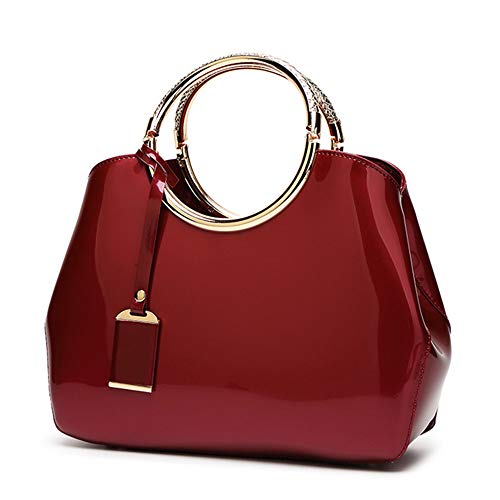 Womens Handbags, Ladies Top Handle Bags, Patent Leather Stylish Tote Shoulder Bags Purse for Work, Wedding, Shopping, Dating Wine