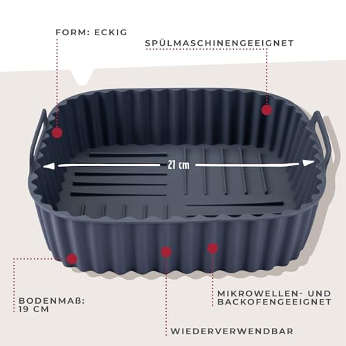 Fackelmann Silikonform für Heißluftfritteuse – 19 cm, Eckig, Aschgrau, für knusprige Gerichte ohne Anhaften, Spülmaschinengeeignet