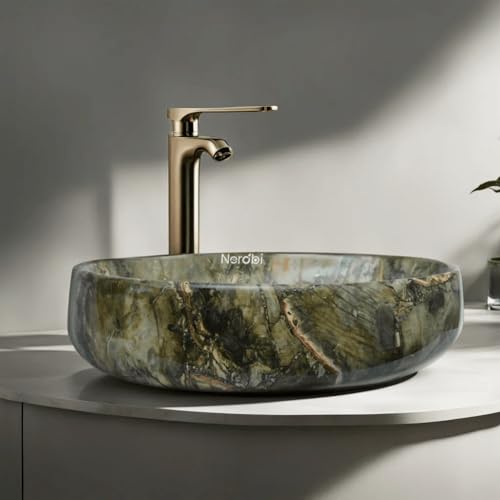 Image of Designer Counter Top Wash Basin | Tabletop Ceramic Bathroom Sink | Wash Basin Over Counter | Wash Basin For Bathroom, Living Room (24 x 15 x 6 Inch) (Glossy Wooden Green)