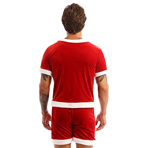 Moily Men's 2Pcs Velvet Christmas Santa Suit Short Sleeves Button Down Tops with Loose Panties4