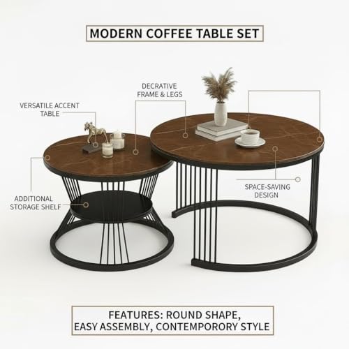 Image of RIZIK Store Iron Frame Handmade 20.5 inch x 20.5 inch Round Coffee Table /Nesting Table /Side Table /Center Table with Engineered Wood Top for Living Room /Drawing Room /Balcony (Brown Black)