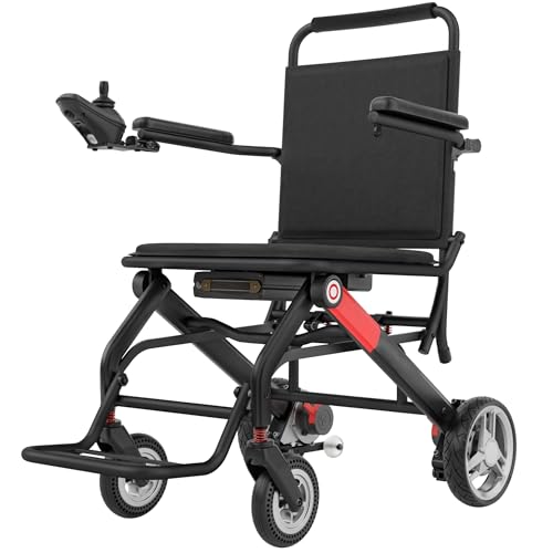 ByteTecpeak-D01 silla de ruedas eléctrica en negro y rojo, ultra ligera con un peso de 14.1 kg, diseño plegable, autonomía de 20 km, incluye batería de litio extraíble de 12Ah, ideal para uso en inter