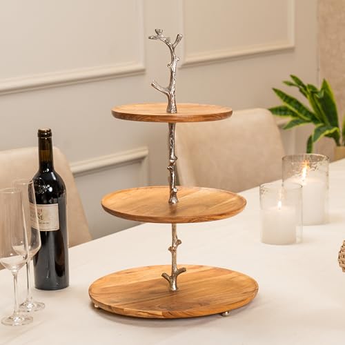 Image of Treat Tree Three-Tier Multipurpose Serveware - Acacia Wood with Iron Handle & Metal Base - Serving Stand for Snacks, Desserts & Table Display (13x13x21 inches)